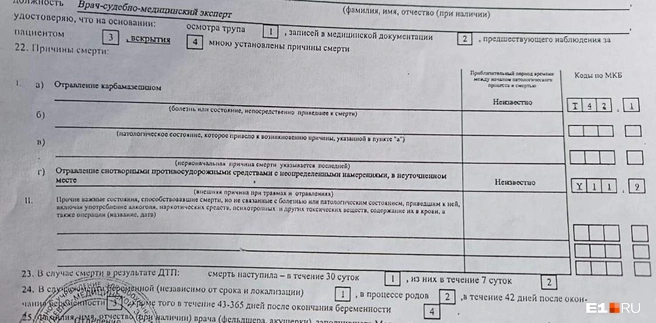 В свидетельстве о смерти указано отравление карбамазепином | Источник: читатель E1.RU