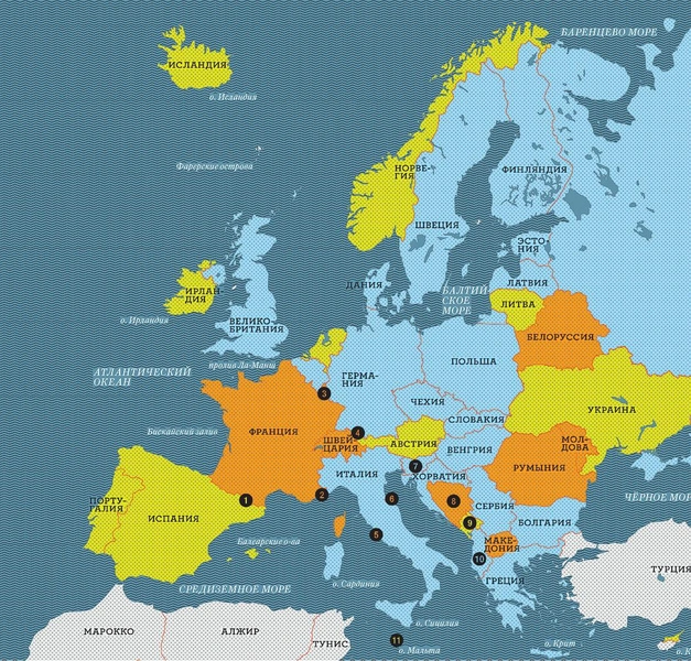 Страны, обозначенные на карте цифрами: 1. Андорра; 2. Монако; 3. Люксембург; 4. Лихтенштейн; 5. Ватикан; 6. Сан-Марино; 7. Словения; 8. Босния и Герцеговина; 9. Черногория; 10. Албания; 11. Мальта | vokrugsveta.ru