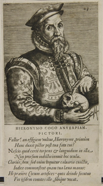 Портрет Иеронима Кока. Из серии «Портреты некоторых знаменитых художников Нижней Германии». Гравер Иоханнес Вирикс. Автор композиции Франс Поурбюс Старший. Время создания доски: 1572 | Источник: ГМИИ им. А.&nbsp;С.&nbsp;Пушкина