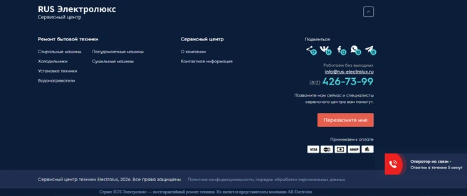 Мелким шрифтом в «подвале» сайта всё-таки указано, что сервис никак не связан с европейской корпорацией | Источник: сайт сервисного центра «RUS Электролюкс»