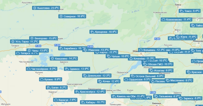 Самую высокую температуру зафиксировали на метеостанции Остров Дальний. Там было -6,8 градуса | Источник: meteo-nso.ru/maps