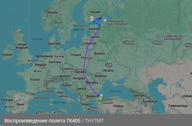 По данным сервиса Flightradar24, рейс ТК 405 Стамбул — Петербург перенаправили в Хельсинки | Источник: flightradar24