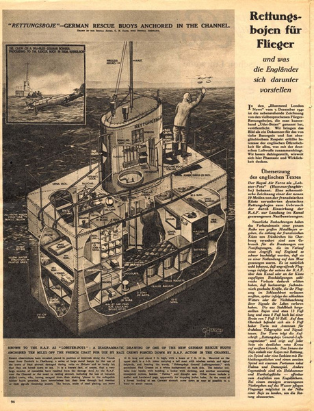 Страница из еженедельной иллюстрированной газеты The Illustrated London News со схемой «немецких спасательных буёв, размещенных в водах канала», 1940 год