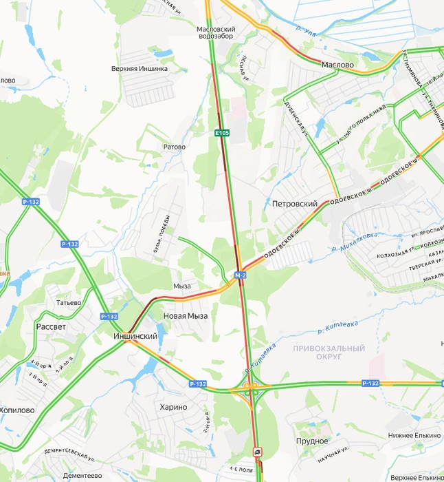 Так выглядит дорожная ситуация на М-2 под Тулой | Источник: Yandex.ru/maps