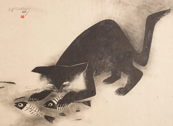 Нго Динь Тьыонг (1934 — нач. 2000-х). «Черная кошка». Вьетнам, 1989 г. Бумага, ксилография. | Источник: Государственный музея Востока
