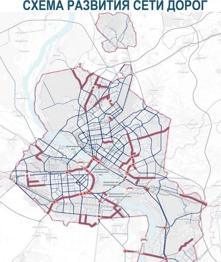 В городе должны были построить больше десяти развязок. На карте они обозначены красным кругом | Источник: Мэрия Новосибирска