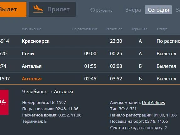 Вылет из Челябинска произошел с задержкой. | Источник: cekport.ru
