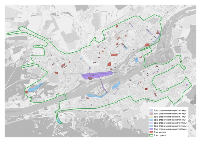 Обсуждаемая карта самокатных ограничений в Красноярске (часть ограничений уже действует) | Источник: мэрия Красноярска / admkrsk.ru