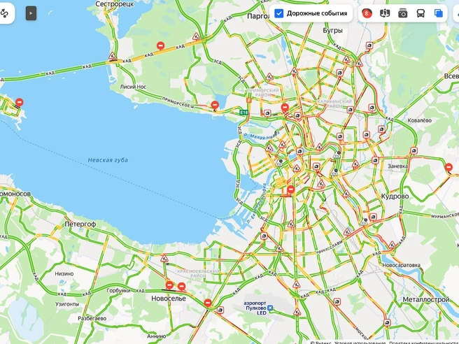 В Петербурге пробки выросли до 8 баллов | Источник: «Яндекс.Карты»