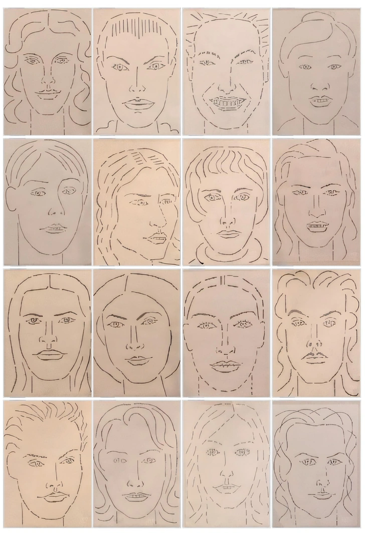 Игорь Шелковский. Серия «Лица из глянца» (Гламурные портреты), 2005. Карандаш, бумага. Изображения сделаны с рекламных страниц женских глянцевых журналов 2000-х (Elle, Vogue), выходивших в России. | Источник: архивы пресс-служб
