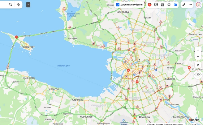 На дорогах Петербурга — необычно плотные пробки. Особенно тяжело на юго-востоке города | Источник: «Яндекс.Карты»