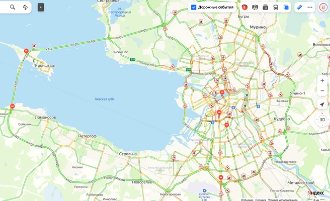В Петербурге — 8 баллов. Аномальные пробки возглавляет глухой затор на КАД | Источник: «Яндекс.Карты»