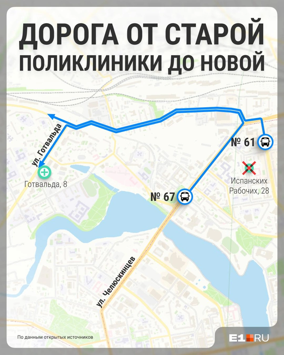 Два способа добраться общественным транспортом от старой поликлиники до новой. Сохраняйте карту себе, если тоже столкнулись с переносом приема врачей | Источник: Филипп Сапегин / E1.RU