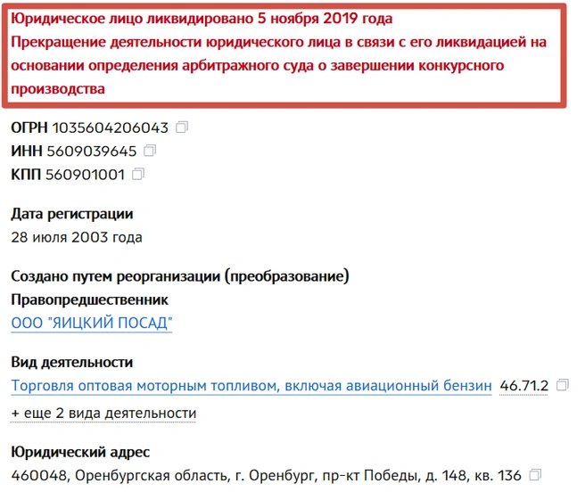 «Яицкий посад» ликвидирован в 2019 году | Источник: скриншот с Checko.ru