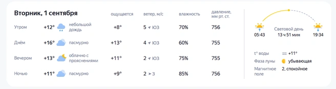 Небольшой дождь возможен утром | Источник: «Яндекс Погода»