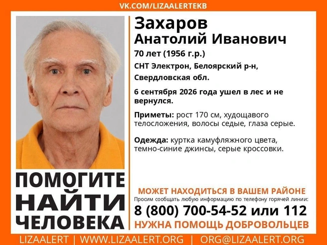 Ориентировка на Анатолия Захарова | Источник: поисковый отряд «ЛизаАлерт»