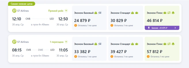 Авиакомпании сообщают, что билетов осталось немного | Источник: s7.ru