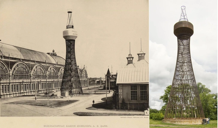 Первая в мире гиперболоидная башня Шухова, Нижний Новгород, фотография А. О. Карелина, 1896. Она же, перевезенная с выставки 1896 года в Полибино. | Источник: wikipedia.org
