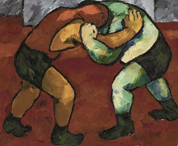 Наталья Гончарова. «Борцы», 1908–1909. Холст, масло.  | Источник: rusmuseum.ru