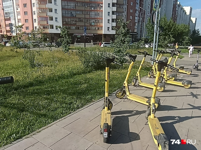 Кусок газона возле самокатов скосить смогли, а дальше&nbsp;— нет | Источник: читатель 74.RU