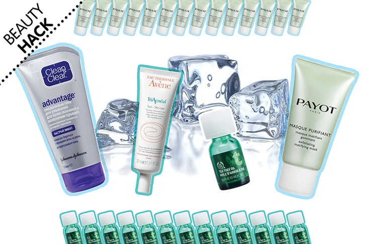 Пенка для умывания Advantage, Clean&Clear; крем для проблемной кожи Triacnel, Avene; масло чайного дерева, The Body Shop; рассыпчатая минеральная пудра Mary Kay