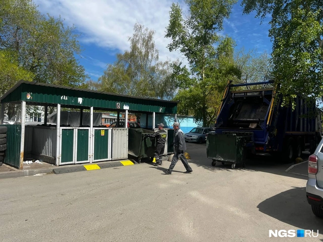 В сортах помоек работники спецавтохозяйства отлично разбираются. На снимке, по их словам, самая лучшая: благодаря скату колесики баков не ломаются, а козырек защищает мусор от дождя. Без него вода протекает в баки, затем попадает в кузов машины и, наконец, уже дурно пахнущая льется из кузова на асфальт по ходу движения | Источник: Анна Скок / NGS.ru