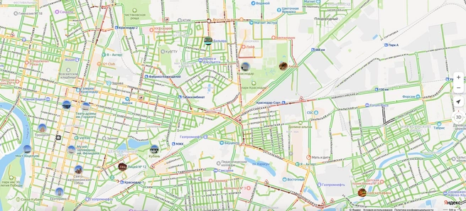 Вокруг парка «Краснодар» большие пробки | Источник: Yandex.ru