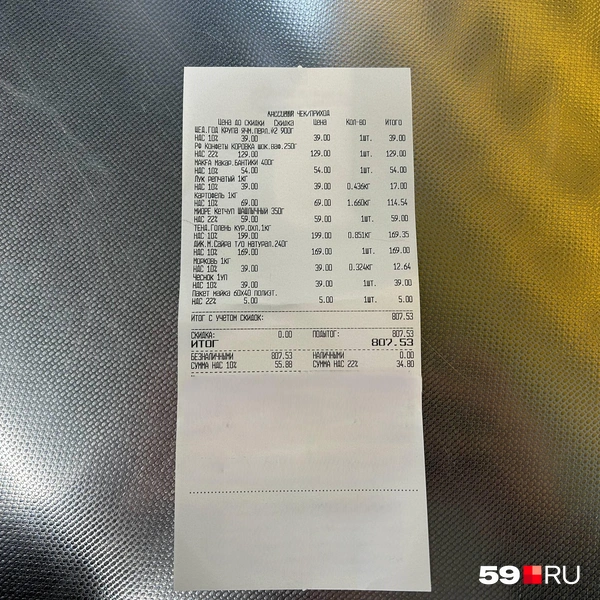 Продукты обошлись мне в 807 рублей | Источник: Александра Куляпина / 59.RU
