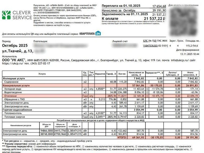 Наибольшая сумма в квитанции была начислена за услуги отопления. | Источник: Сергей, читатель E1.RU
