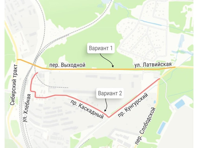 На этой карте мы ответили два варианта новой дороги, которые подготовят специалисты | Источник: Филипп Сапегин / E1.RU