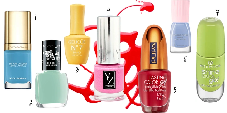 1. Лак для ногтей Light Blue 735, Dolce & Gabbana; 2. Лак для ногтей Milk Shake, Kiwi Scent, Misslyn; 3. Гель-лак для ногтей CHEERING CORAL, № 7, Bandi; 4. Лак для ногтей № 392, YZ; 5.      | Источник: Архивы пресс-служб