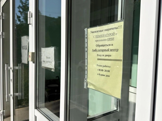 О том, что с температурой не стоит заходить в основное здание, предупреждают заранее | Источник: Алексей Волхонский / V1.RU