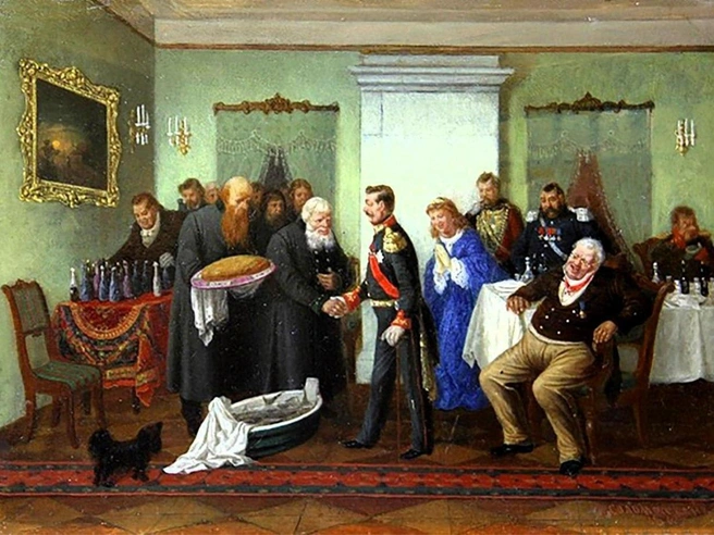Репродукция картины художника Л. И. Соломаткина «Именины начальства», созданной в 1867 году. | Источник: collectart.ru