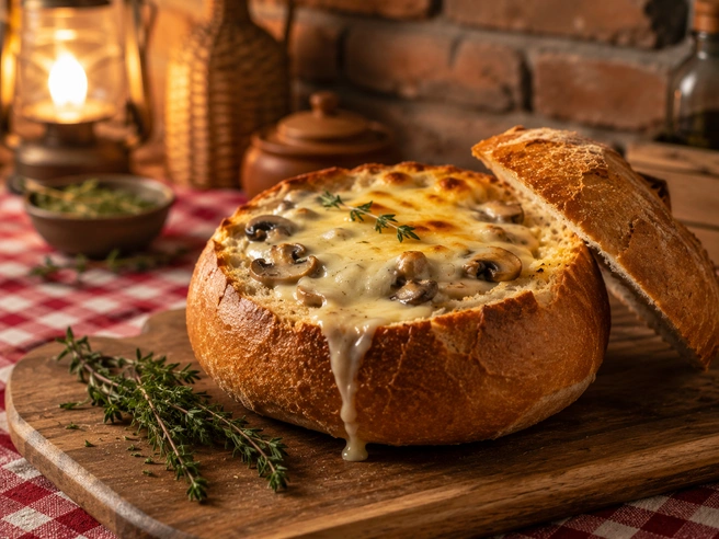 Хлебная чаша впитывает сливочный соус и усиливает вкус жюльена | Источник: GPT