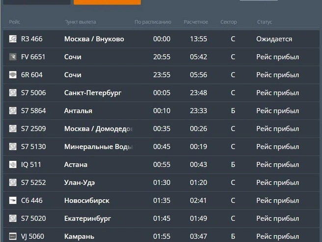 Самая большая задержка сейчас у рейса из Москвы | Источник: Скриншот сайта аэропорта Толмачево