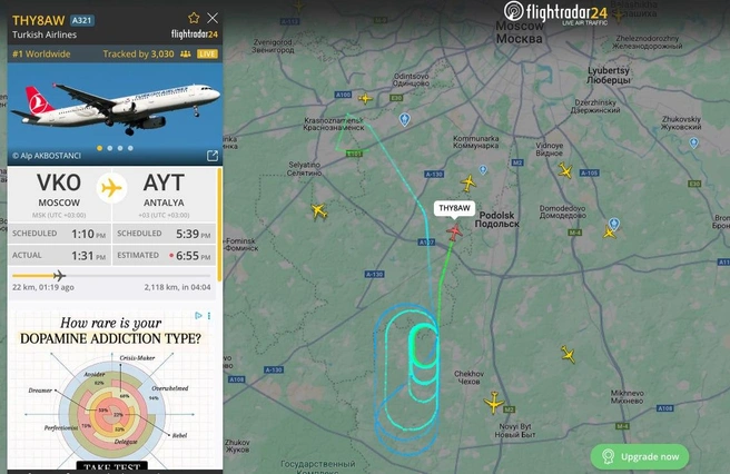 Самолет рейса Москва — Анталья вернулся в аэропорт Внуково | Источник: flightradar24.com
