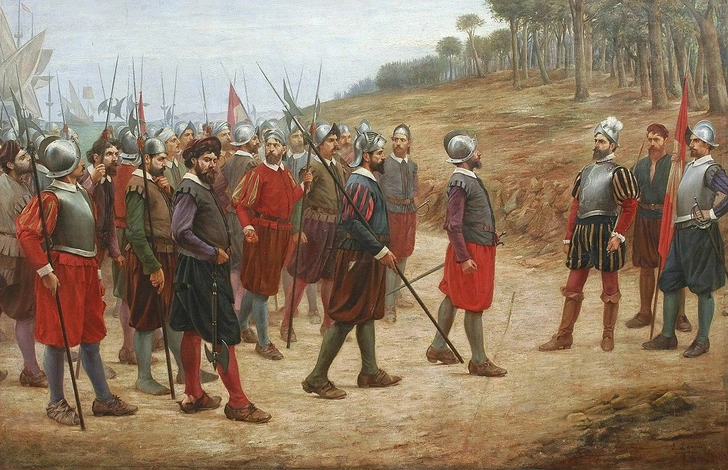 Картина Хуана Лепиани; Франсиско Писарро на острове дель Галло рисует на песке линию для знаменитых тринадцати | Источник: Juan Lepiani, Public domain, via Wikimedia Commons