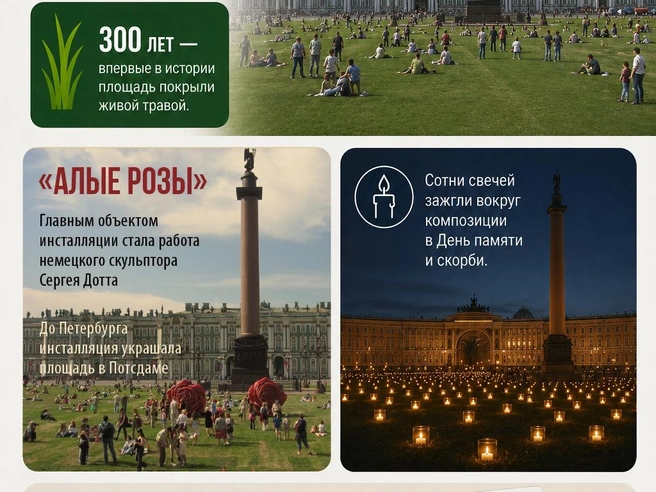 Пока одни петербуржцы смотрели в небо, другие однажды обнаружили под ногами траву. | Источник: Кирилл Григошин / FONTANKA.RU