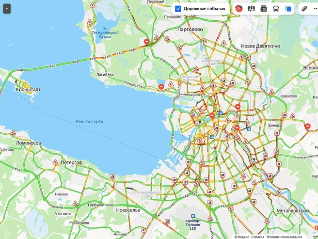 На карте Петербурга «покраснели» улицы, особенно плотно на юго-востоке города. | Источник: «Яндекс.Карты»