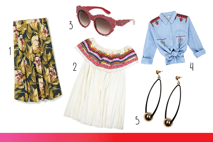 1. Юбка, Mango. 2. Топ, Asos. 3. Очки, Dolce & Gabbana. 4. Рубашка, Asos. 5. Серьги, Gloria Jeans.