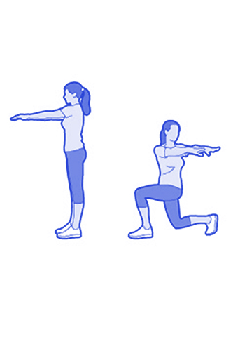 Выпады со скручиваниемПрорабатываем ягодицы, бедра и абдоминальные мышцы. Встаньте прямо, руки вытяните перед собой на уровне плеч. Сделайте глубокий выпад вперед (на левую ногу), а корпус скрутите в левую сторону. Вернитесь в исходное положение и проделайте то же самое с правой стороной.