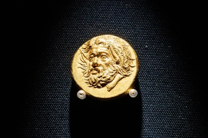 Представленный на выставке редчайший статер Пантикапея с изображением сатира в 3/4 из коллекции Государственного Эрмитажа | Источник: Музей Международного нумизматического клуба