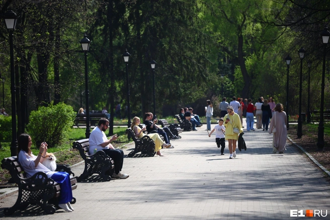 Лавочки в центре города заняты | Источник: Владислав Лоншаков / E1.RU