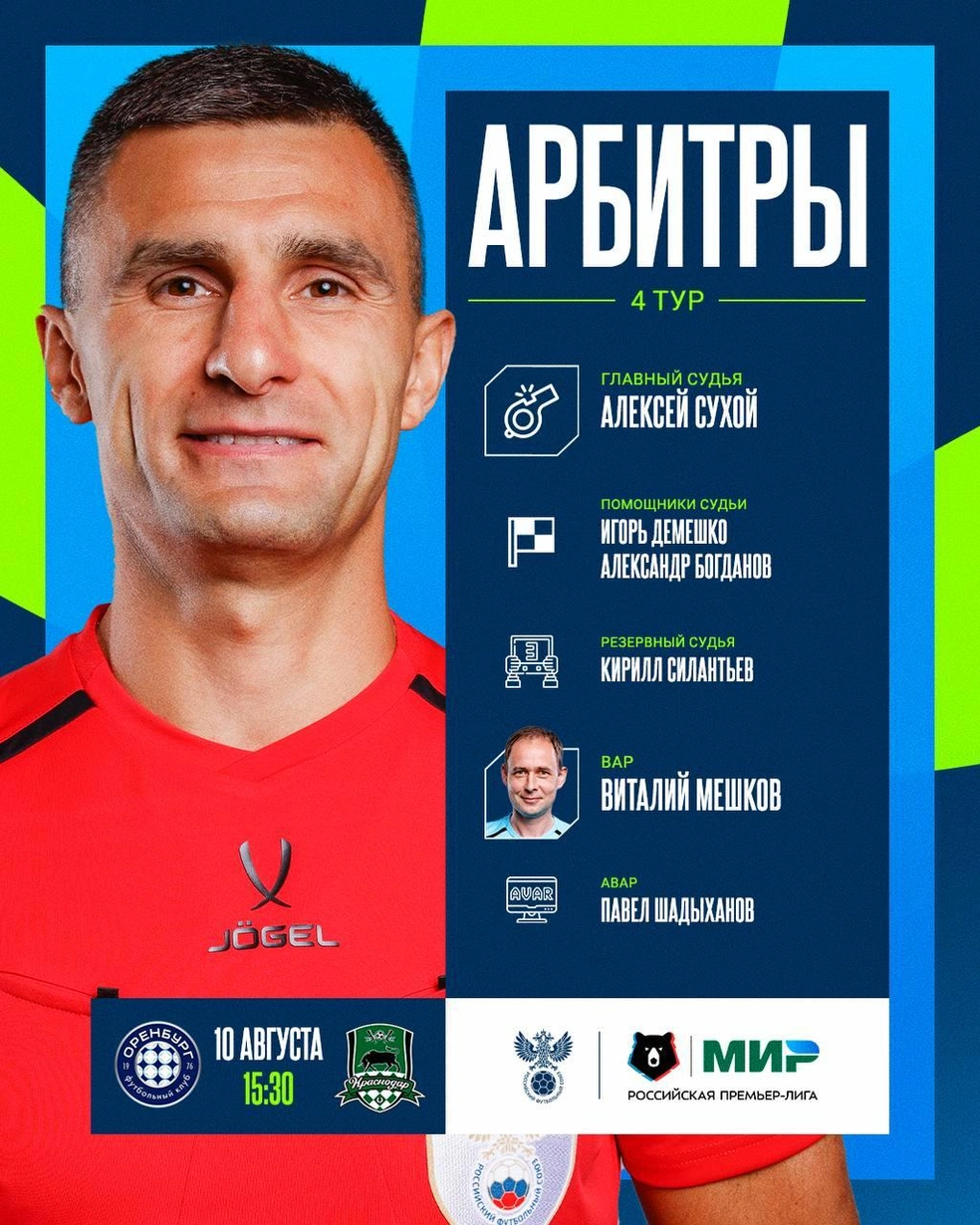 Бригада арбитров на матч «Оренбурга» и «Краснодара» | Источник: Российский Футбольный Союз / t.me