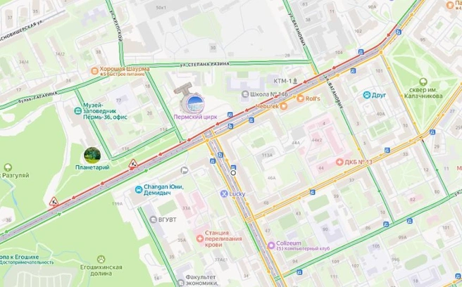 Пробка растянулась из Мотовилихи в сторону центра | Источник: yandex.ru/maps
