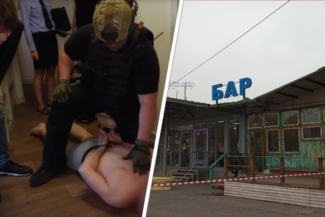 Подозреваемого исполнителя убийства задержали в квартире. Справа на фото — место убийства: бизнесмена застрелили у входа в его бар | Источник: Полиция Прикамья / Max, Вероника Свизева / 59.RU