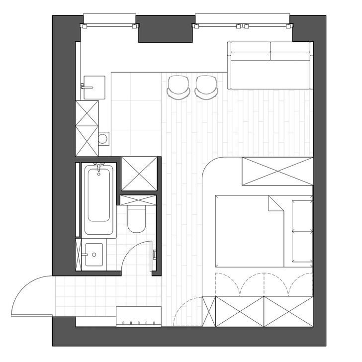 Цветная студия 25 м² с кроватью на подиуме