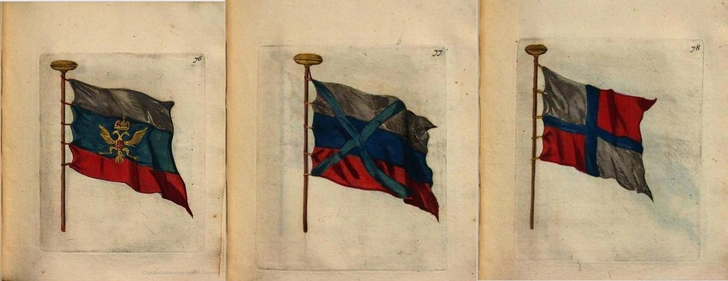 Российские флаги из книги «Новое голландское корабельное строение». 1699–1700 годы | Источник: wikipedia.org