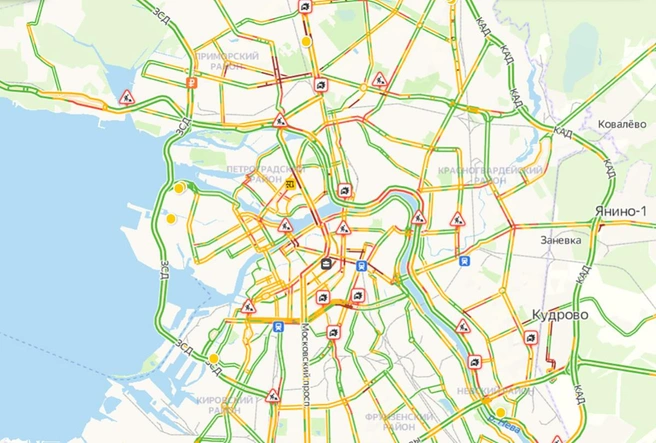 Петербург захватили новогодние пробки. Дороги покраснели до 7 баллов | Источник: скриншот с сайта yandex.ru