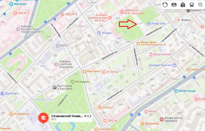 Здание будет стоять неподалеку от главного кампуса Сеченовского Университета | Источник: Яндекс Карты